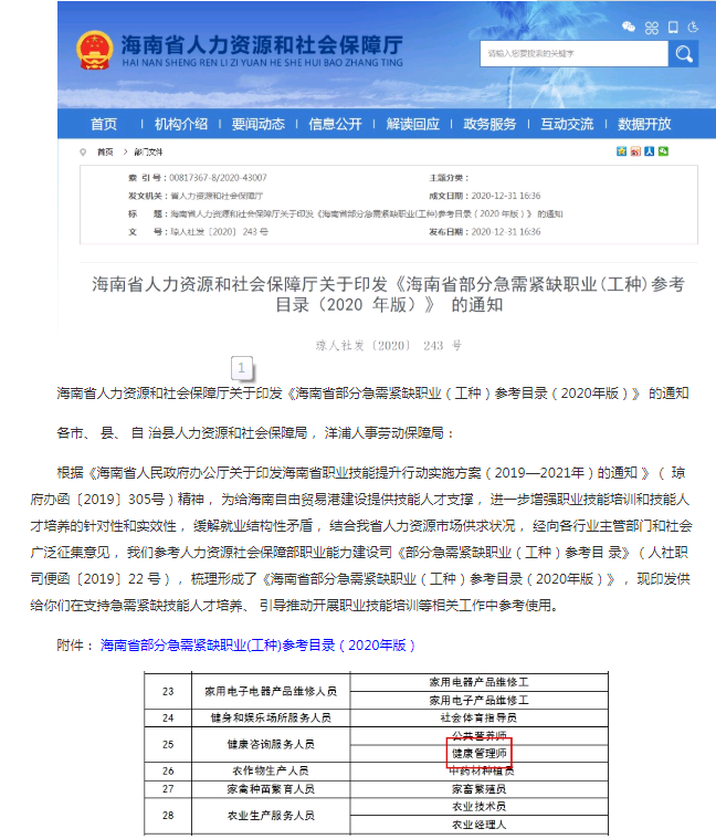 海南省人社局2019—2021年將健康管理師列為需緊缺職業！